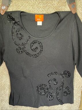 hearts of palm Black Scoop Neck Top with Beaded Swirl Accents